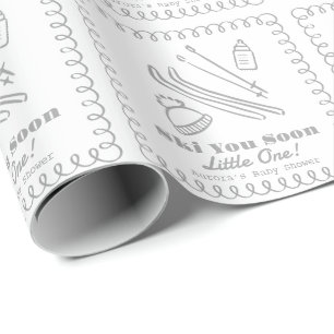 Grå Handritad Ski You Soon Baby Shower Presentpapper