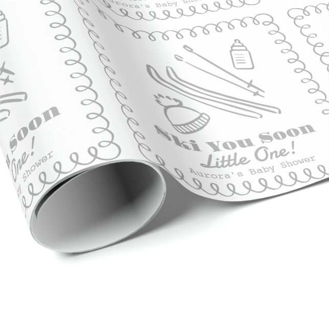 Grå Handritad Ski You Soon Baby Shower Presentpapper (Rullad Hörn)