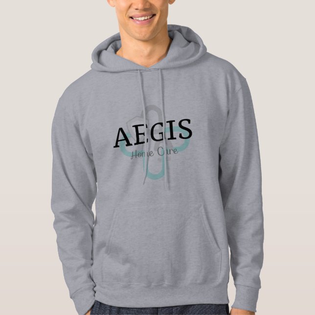 Grå hoodie - Skiktad teal logotyp (Framsida)
