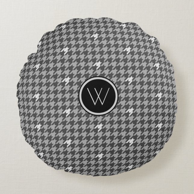 Grå Houndstooth rund kudd med silveraccent Kudde (Framsidan)