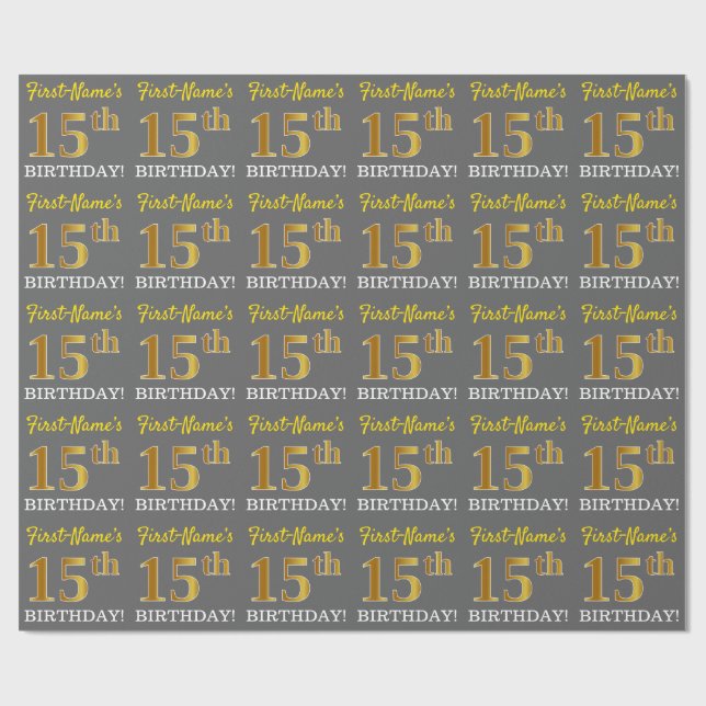 Grå, imitation guld utseende "15-årsdag" presentpapper (Platt)