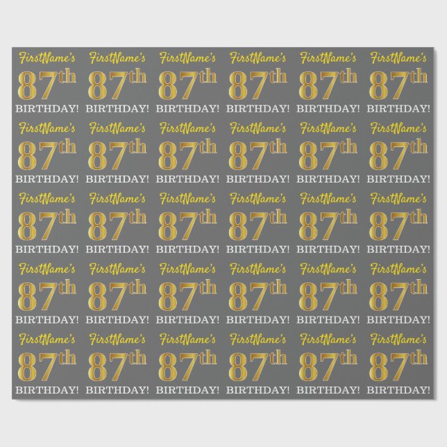 Grå, imitation guld utseende "87:e FÖDELSEDAGEN" Presentpapper (Platt)