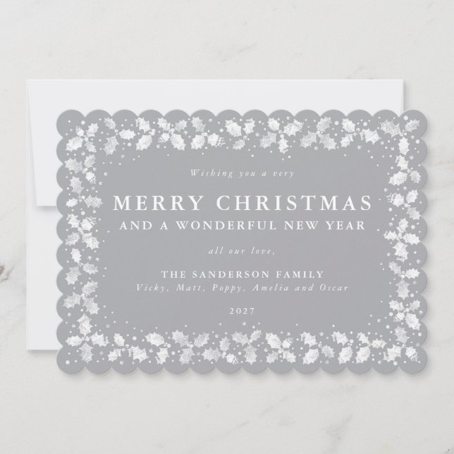 Grå julbladsgräns platt icke-foto julkort (Framsida)