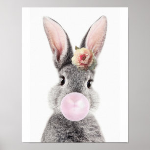 Grå kanin som blåser bubbelgummi anemoneblomma poster
