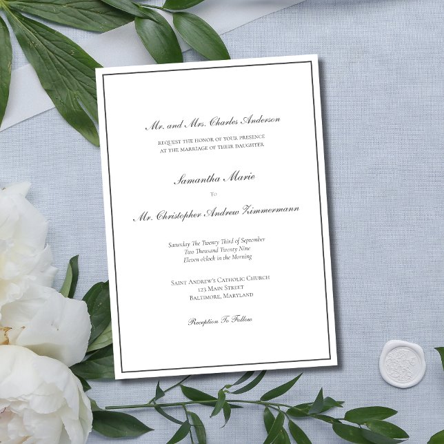 Grå Kant Minimalistisk Traditionell Formell Elegan Inbjudningar (Formal Traditional Classic Elegant Gray Silver Wedding Invitation with formal wording)