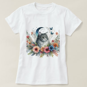 Grå Katt Blå Fjäril Blommig T Shirt