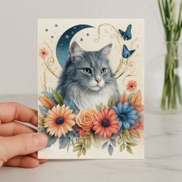 Grå Katt Fjäril Blommig Kort