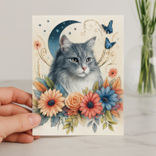 Grå Katt Fjäril Blommig Kort
