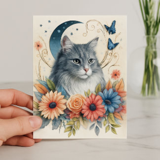Grå Katt Fjäril Blommig Kort
