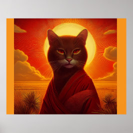 Grå katt iklädd fashionabel kappa i solnedgångssce poster