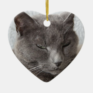 Grå katt julgransprydnad keramik