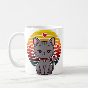 Grå Katt Kawaii Retro Solnedgång Anime Konst Kaffemugg