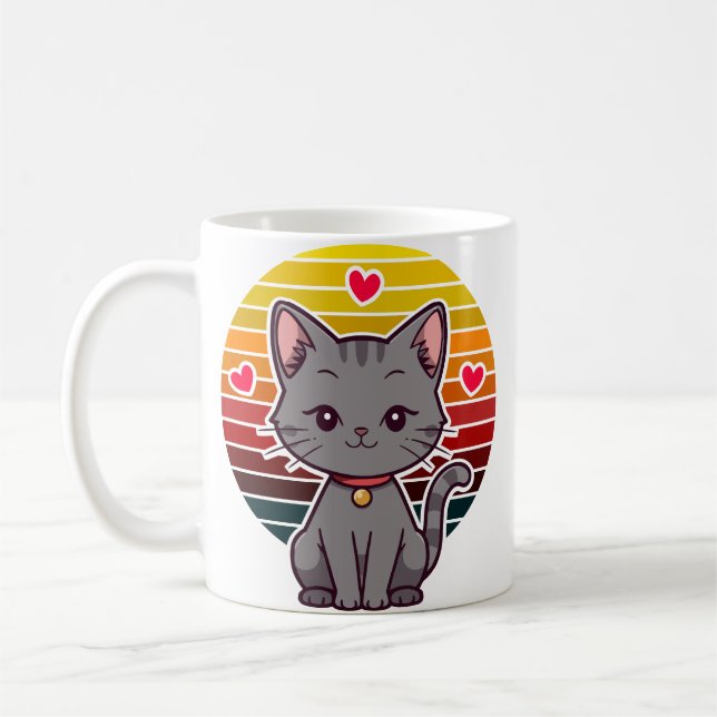 Grå Katt Kawaii Retro Solnedgång Anime Konst Kaffemugg (Vänster)