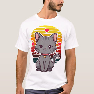 Grå Katt Kawaii Retro Solnedgång Anime Konst T Shirt