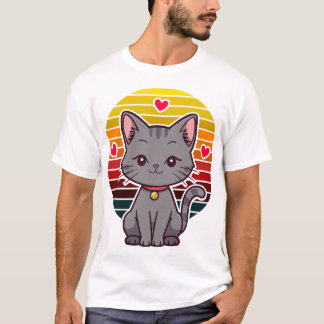 Grå Katt Kawaii Retro Solnedgång Anime Konst T Shirt