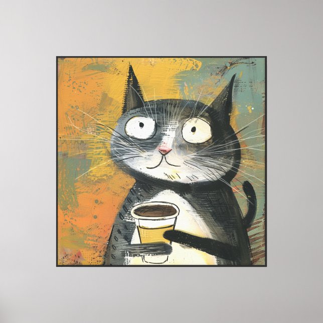 Grå katt med kaffe på ockra canvastryck (Framsida)