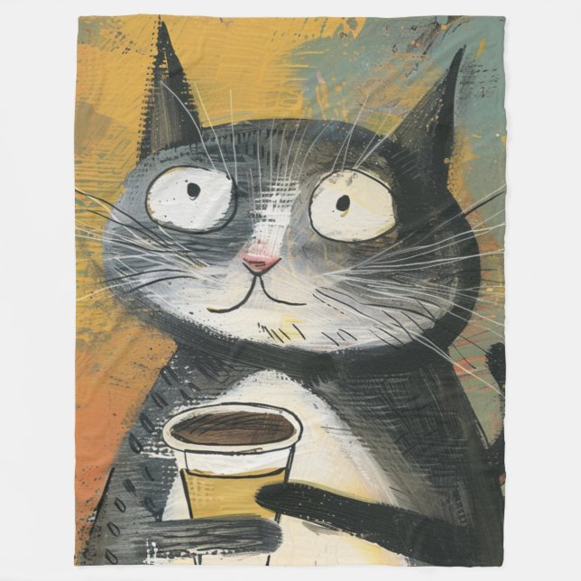 Grå katt med kaffe på ockra fleecefilt (Framsidan)