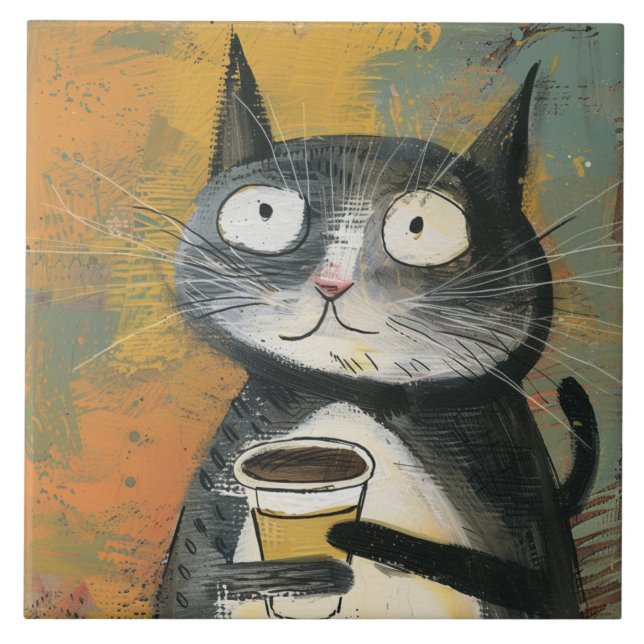 Grå katt med kaffe på ockra kakelplatta (Framsidan)