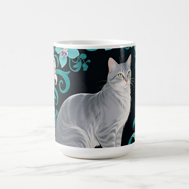 Grå Katt Omtänksam Blommig Ram Kaffemugg (Center)