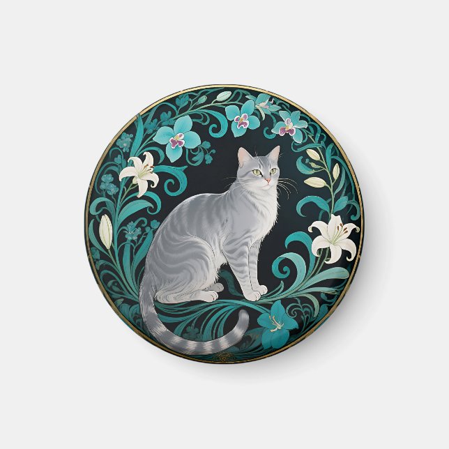 Grå Katt Omtänksam Blommig Ram Magnet (Framsidan)