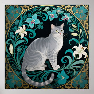 Grå Katt Omtänksam Blommig Ram Poster