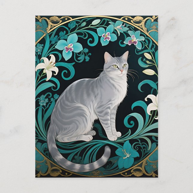Grå Katt Omtänksam Blommig Ram Vykort (Framsida)