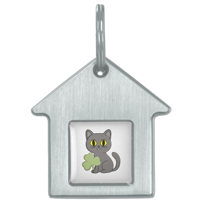 Grå Katt Shamrock Klöver Charm ID-bricka Husdjur (Framsidan)