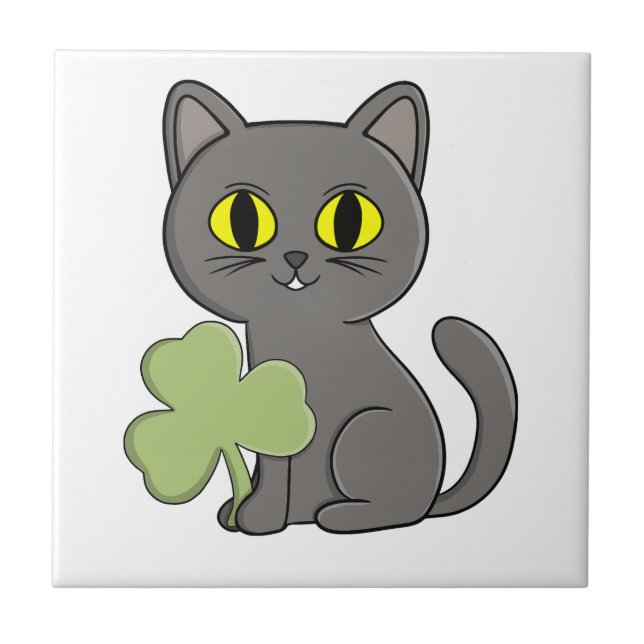 Grå Katt Shamrock Klöver Charm Kakelplatta (Framsidan)