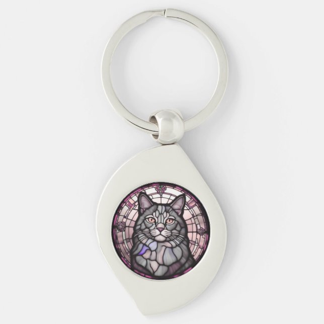 Grå katt  swirl silverfärgad nyckelring (Framsidan)