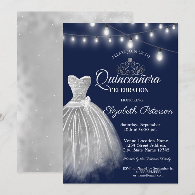 Grå klänning Navy Blue Quinceañera  Inbjudningar (Fram/baksida)