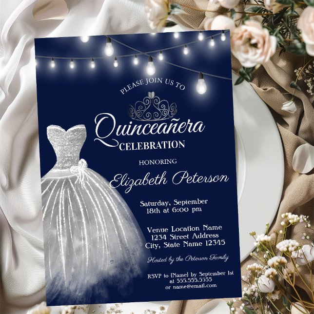 Grå klänning Navy Blue Quinceañera  Inbjudningar (Skapare uppladdad)