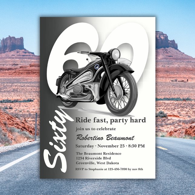 Grå Klassisk Motorcykel Kör Fort 60-årsdag Inbjudningar (Skapare uppladdad)