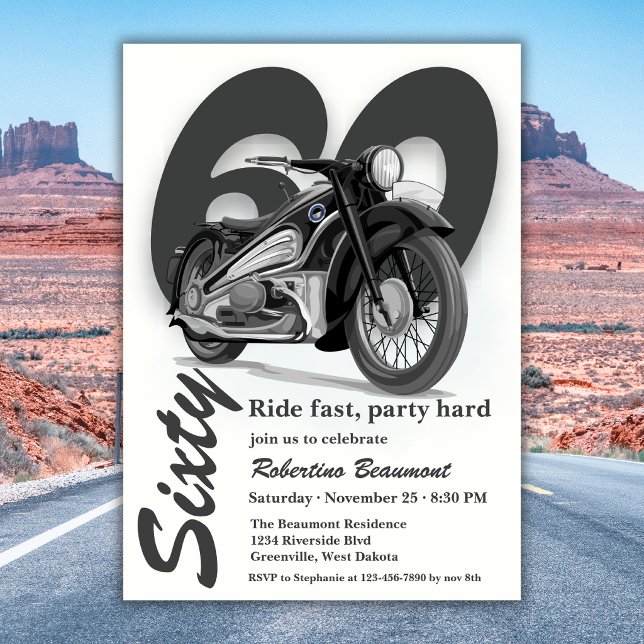 Grå Klassisk Motorcykel Kör Fort 60-årsdag Inbjudningar (Skapare uppladdad)