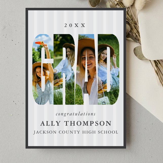 Grå klassisk randig fotograttis kort för examen (Grey Classic Stripe Photo Graduation Announcement)