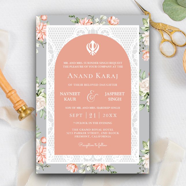 Grå korall blommande Anand Karaj Punjabi Sikh bröl Inbjudningar (Skapare uppladdad)