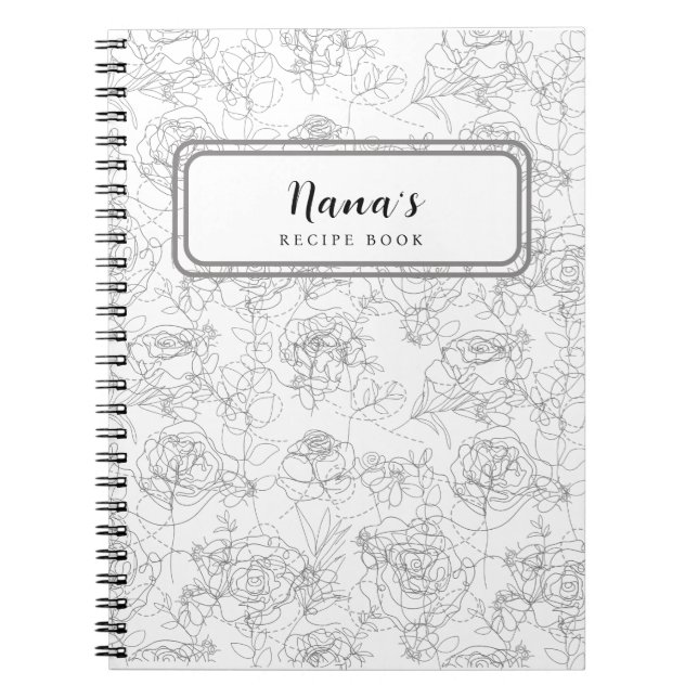 Grå linje blommor Blommönster Receptbok Anteckningsbok (Framsidan)
