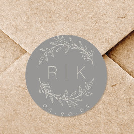 Grå Linje Konst Botanisk Krans Bröllopsmonogram Runt Klistermärke