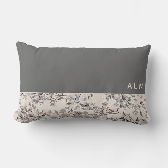 Grå & linne beige blommig | Monogram Lumbarkudde (Framsida)