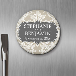 Grå & linne beige damastmönster bröllopsgåva magnet