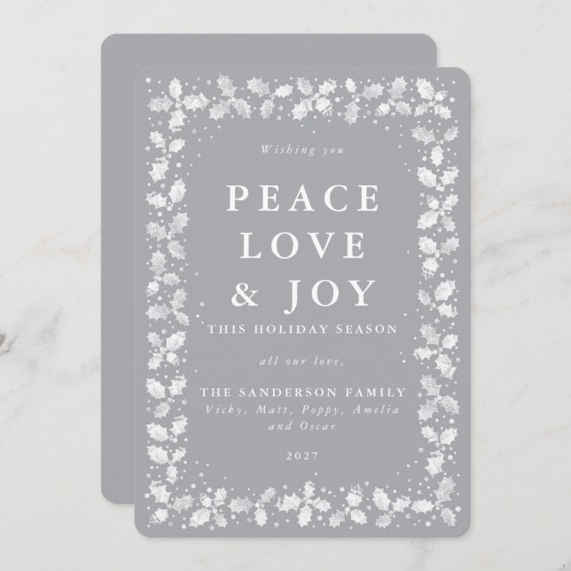 Grå Lino Print Julgran Blad Kant Platt Icke Foto Julkort (Fram/baksida)