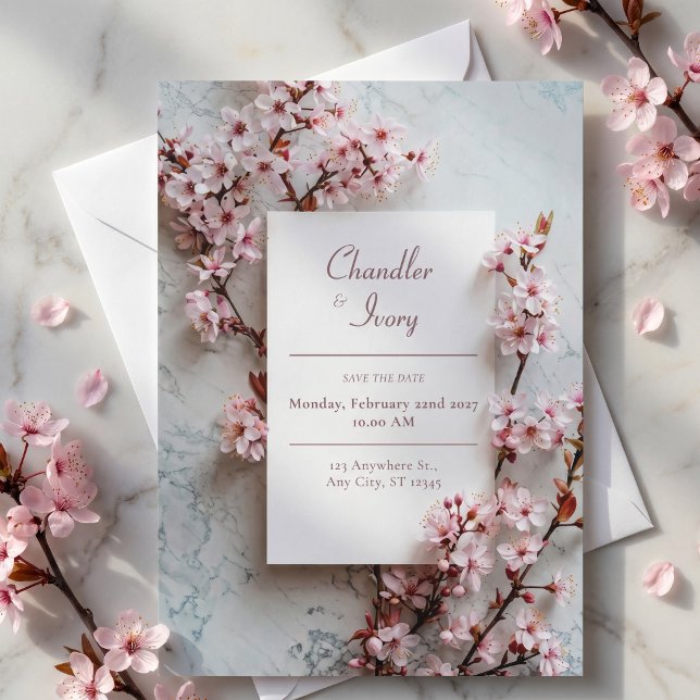 Grå Marmor Rosa Sakura Botanisk Ram Bröllop Inbjudningar (Skapare uppladdad)