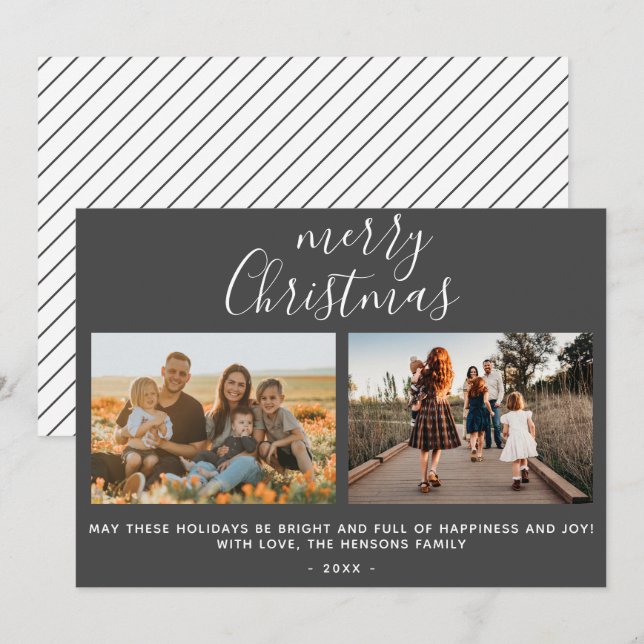 Grå Merry Christmas Script Familjefoto Collage Julkort (Fram/baksida)