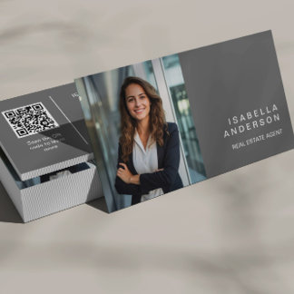 Grå Modern Fastighetsmäklares Proffsiga Foto QR-ko Visitkort
