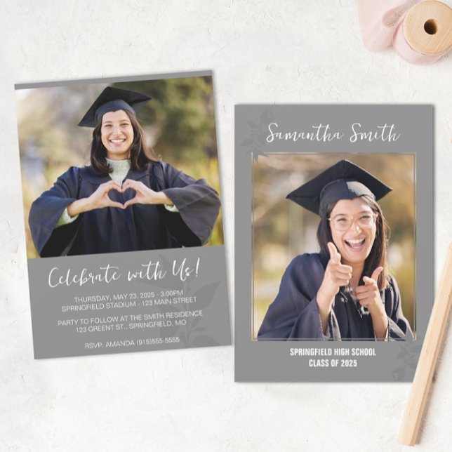 Grå Modern Foto Examen Inbjudningar (Modern Graduation Announcement)