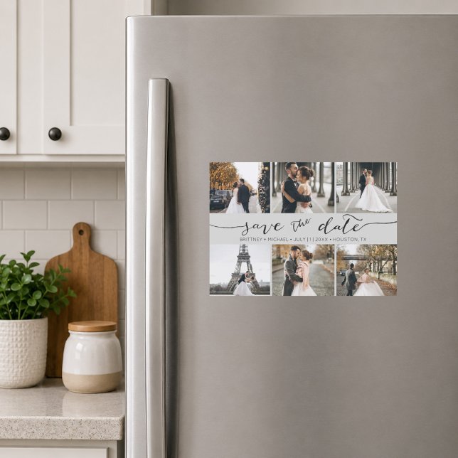 Grå Modern Fotokollage Spara Datumet (Elegant grey six photo save the date magnet featuring romantic handwritten script typography
)