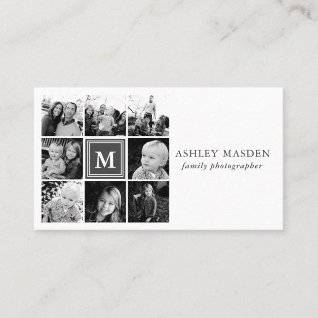 Grå Monogram Familjefoto Collage Fotografi Visitkort (Framsida)