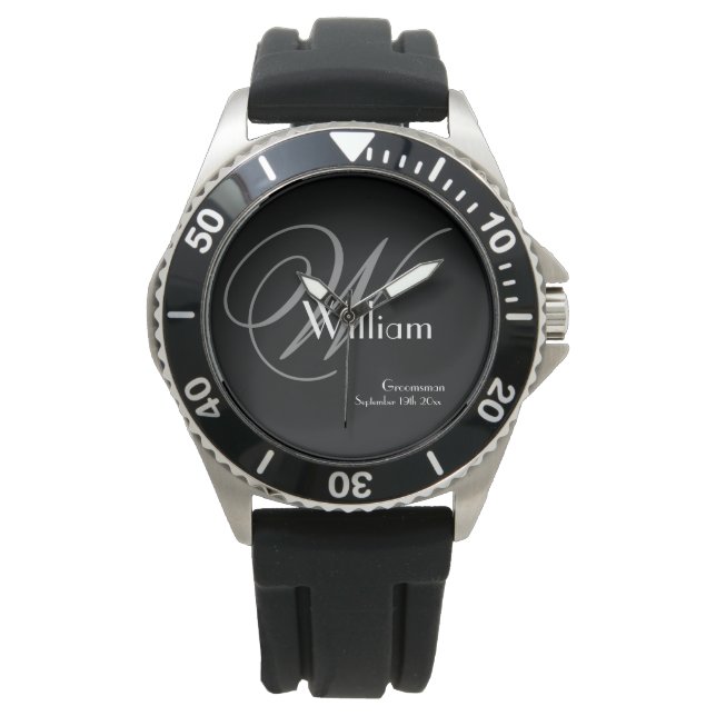 Grå Monogram Vit Namn Klassisk Rugged Bröllopsbest Armbandsur (Framsida)