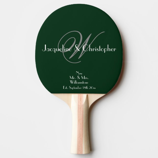 Grå Monogram Vit Skrift Namn Nygifta Grön Pingisracket (Baksidan)