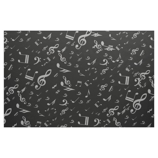 Grå musik noter för silver på svart tyg (Fat Quarter)