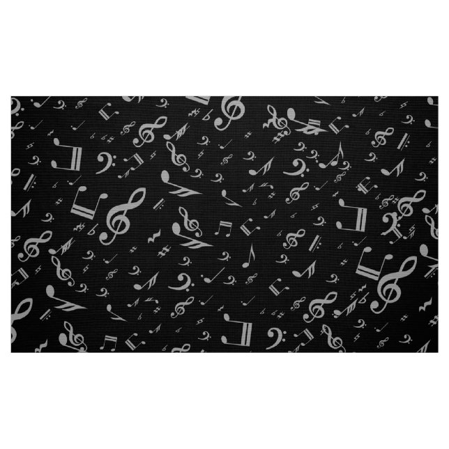 Grå musik noter för silver på svart tyg (Fat Quarter)